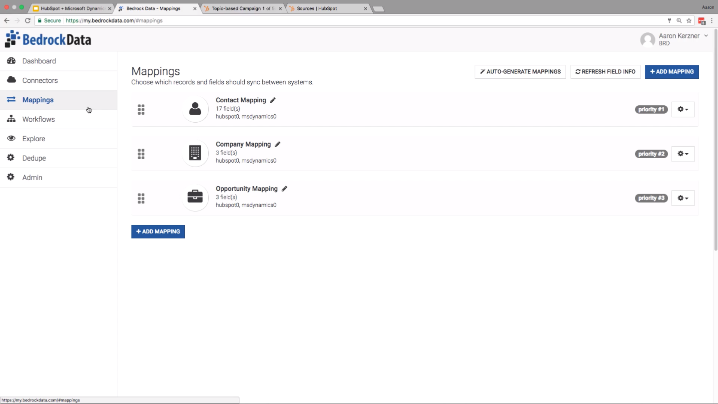 Mapping HubSpot - MS Dynamics - Bedrock Data